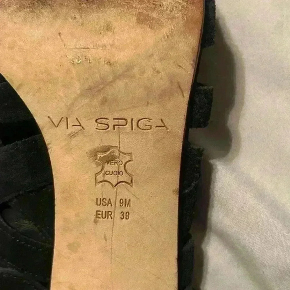 Via Spiga Black Suede Ankle Strap Sandal Heels Open Toe Size 9M Cutout Shoes - Picture 11 of 15